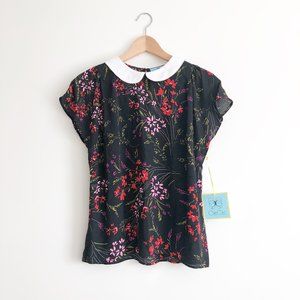 Cece Floral Cap Sleeve Peter Pan Collar Blouse S